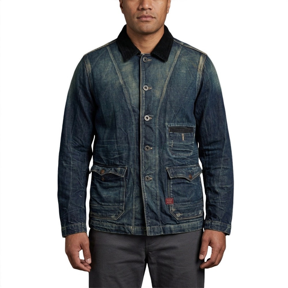G-Star RAW Denim Chore Jacket Mens L Distressed Workwear Corduroy Collar